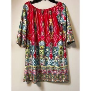 Women's 2XL Red Paisley Print Off Shoulder Bell Sleeve‎ Tunic Dress